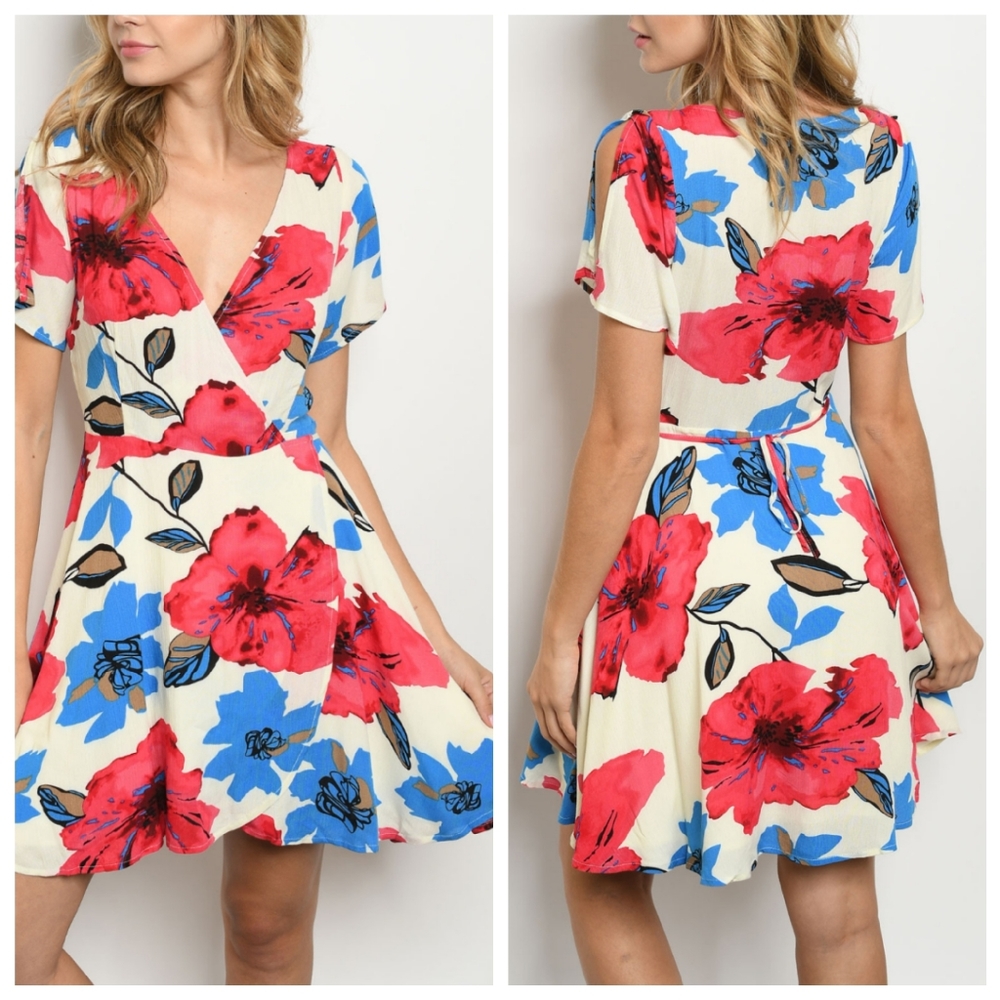 Cream Red Blue Floral Twirl Mini Dress